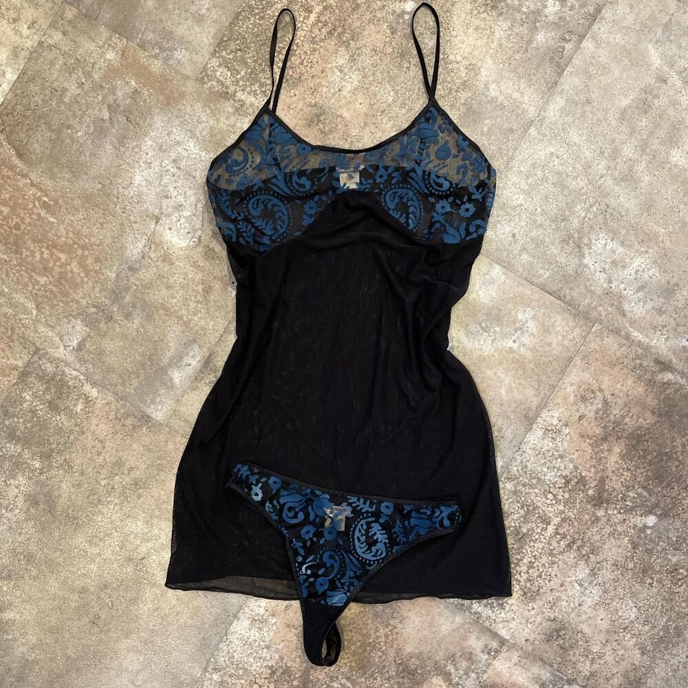 playboy intimates vintage black and blue floral bustier lining mesh slip dress